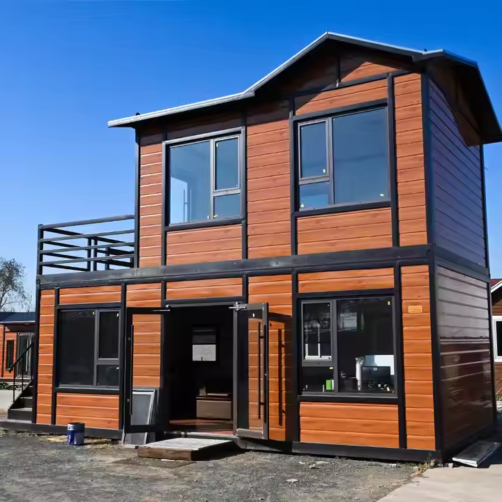 2 &#8211; Storey, 2 &#8211; Bedroom Prefab Villa Tiny House with Rooftop Terrace, Rustic &#8211; Look Exterior, Energy &#8211; Efficient Windows, Kitchen &#8211; Bathroom &#8211; Ideal for Modern Family Living
